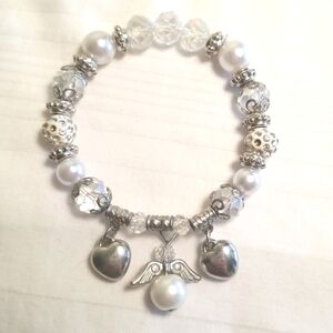 Silver Pearl Glass Angel Heart Charm Bracelet